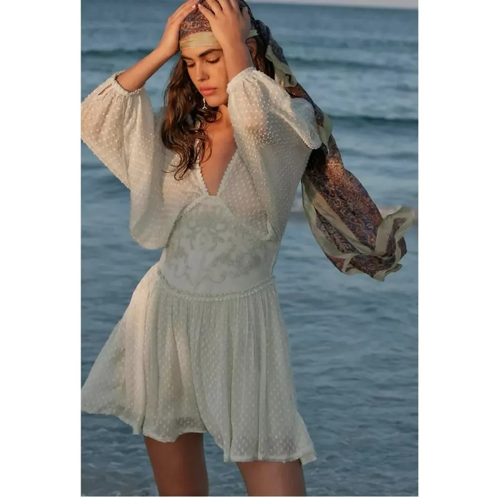 Free People Bohemian Ethereal Cottage Sweet Dreams Mini Dress Frozen Dew Size XL